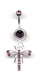 Double Jeweled Amethyst Navel Bar with removable Silver Multi Jeweled Dragonfly Add On