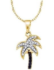 14k Yellow Gold Black Colored & Natural White Diamond Womens Ladies Palm Tree Nautical Beach Fashion Pendant with 18" Chain - .10 (1/10) Ct.t.w.