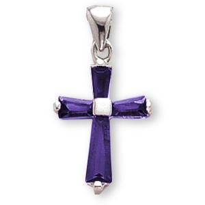 Sterling Silver Cross with Sapphire CZ Baguettes and 18-inch Chain - Small