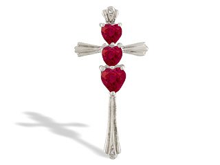 14K White Gold Genuine Heart Ruby and Diamond Cross Pendant
