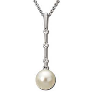 Cultured White Pearl, Round Brilliant Cut Diamonds, 14K White Gold. Diamond Bar Drop White Pearl Pendant Necklace