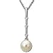 Cultured White Pearl, Round Brilliant Cut Diamonds, 14K White Gold. Diamond Bar Drop White Pearl Pendant Necklace