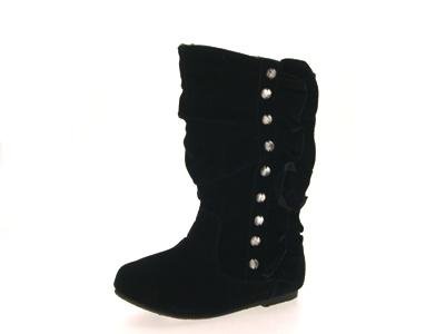 CHILDRENS GIRLS KIDS WINTER FAUX SUEDE FRILL RUFFLE STUDDED KNEE LENGTH FLAT BOOTS SHOES BLACK SIZES 4J - 12