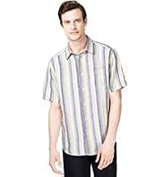 Blue Harbour Pure Linen Short Sleeve Multi-Striped Shirt