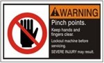 Machine Label - Pinch Points. Keep Hands And Fingers Clear. Lockout Machine Before Servicing. Severe Injury May Result. (Wht/Blk) (W/ Picto) (5 Per Pack) [3X5 Vinyl Press On]