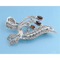 Sterling Silver Brooch - Flowers with Garnet CZ by 