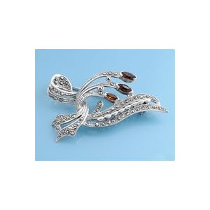 Sterling Silver Brooch - Flowers with Garnet CZ by