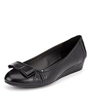 Footglove™ Fashion Leather Wide Fit Bow Ballerina Wedge Pumps