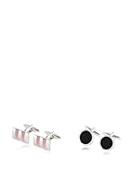 SILVIO SILVANI Dos Pares Gemelos Clásicos Con Piedra Negra Y Con Piedra Rosa Rosa / Negro