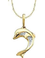 10k Yellow Gold Diamond-accent Womens Ladies Teens Small Dolphin Fish Animal Fashion Charm Pendant with 18" Chain - .01 Ct.t.w.