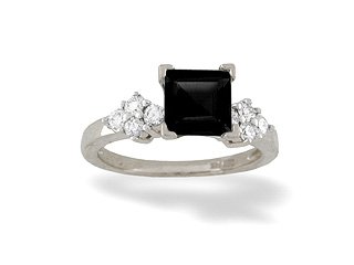 14K White Gold Genuine Square Black Onyx and Diamond Engagement Ring