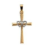 14K Two Tone Gold Double Heart Cross Pendant