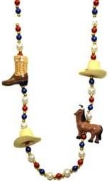 Mardi Gras Beads, 2 Dozen Bag, 24pc, These Are Commonly Bought By Schools, Colleges, Businesses, Birthday Parties and for Parades. Country Western 42in Cowboy Hat/ Boots/ Horse/ Pony Necklace with Red/ Blue/ White Pearl Beads a 42in Hand Strung Necklace with Cowboy Hats, Boots, Horse/ Pony Medallions and Red, Blue, and White Pearl Beads.