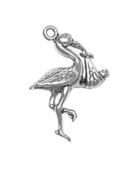 Sterling Silver 18" .8mm Wide Box Chain Necklace With Stork With Baby 3D Pendant