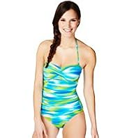 Halterneck Sunset Print Ruched Swimsuit