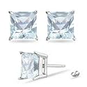 4 mm Princess Cut Aquamarine Stud Earrings in 14K White Gold