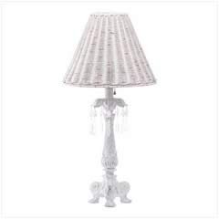 Distressed White Crystal-Accented Column Lamp