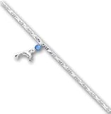 Sterling Silver Blue Quartz Bead & Dangling Dolphin Figaro Anklet - 9 inch