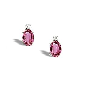 14K White Gold Genuine Oval Pink Tourmaline and Diamond Stud Earrings