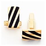 14k Polished Lined-Design Onyx Cuff Links