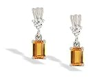 14K White Gold Genuine Emerald-cut Citrine and Diamond Dangle Drop Earrings