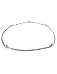 14K White Gold Snake Anklet Bracelet 10,with Pave Set Diamond Roundel Stations