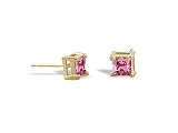 14K Yellow Gold Genuine Square Pink Tourmaline Stud Earrings