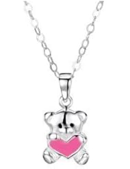 Jo For Girls Sterling Silver Teddy Pink Heart Enamel Pendant on 14 Inch Chain
