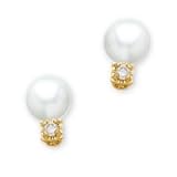 14K Yellow Gold Teen Small Pearl and Diamond Stud Earrings (Pair)