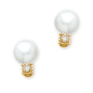 14K Yellow Gold Teen Small Pearl and Diamond Stud Earrings (Pair)
