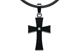 Stainless Steel and Black Titanium Plated Diamond Cross Pendant w/ 22 Inch Black Rubber Cord