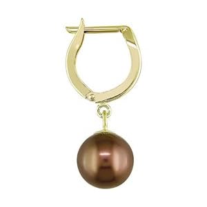 14K Yellow Gold 8-9mm Brown Tahitian Pearl Huggie Drop Earrings