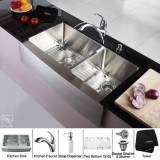 Kraus KHF203-36-KPF2210-KSD30ORB 36 inch Farmhouse Double Bowl Stainless Steel Kitchen Sink with Oil Rubbed Bronze Kitchen Faucet and Soap Dispenser