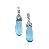 14K White Gold Swiss Blue Topaz Briolette and Diamond Earrings