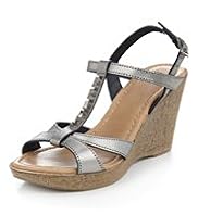 Leather Diamanté T-Bar Wedge Sandals