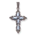 Sterling Silver Marcasite, Blue Mother of Pearl Cross Pendant with 20 Inch Sterling Silver Chain