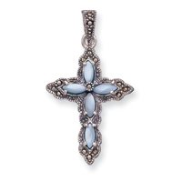 Sterling Silver Marcasite, Blue Mother of Pearl Cross Pendant with 20 Inch Sterling Silver Chain