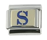 18K gold and steel Italian-Charm Initial S Blue enamel