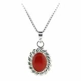 Sterling Silver Twisted Silver Border Genuine Carnelian Stone Oval Pendant