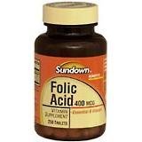 'Folic Acid 400 Mcg Vitamin Supplement Tablets, By Sundown - 250 Tablets'