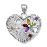 .925 Silver, Mother of Pearl & Gemstone Heart Pendant