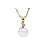 14K Gold 7-7.5mm Akoya Cultured Pearl and Diamond Pendant w/Chain