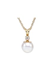 14K Gold 7-7.5mm Akoya Cultured Pearl and Diamond Pendant w/Chain