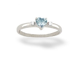 14K White Gold Genuine Heart Aquamarine and Diamond Ring