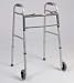 Adult Dual Button Folding Walker with 4 Inch wheels and red button. Extra bar for support. Includes glide caps. Adjustable height. 300lb weight capacity. Hard Rubber Grip. 1" Aluminum tubing. Limited lifetime warranty on the frame. Compatible with leading manufacturer parts. Walkers with wheels include glide caps. Weight capacity: 300 lbs. Size: 31" to 38" Height. Color: Grey