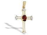 14K Yellow Gold Genuine Oval Garnet and Diamond Cross Pendant