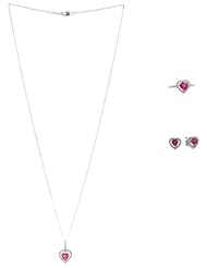 Sterling Silver Heart Created Ruby and Diamond Ring, Earrings and Pendant Necklace Box Set