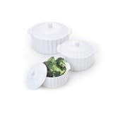 3 CASSEROLE DISHES - WHITE PORCELAIN CASSEROLE DISHES, SET OF THREE