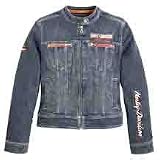 Harley Davidson Womens Sporty Jean Jacket. New for 2008. Zipper front, mandarin collar and adjustable side tabs. Two zippered chest pockets and two hand-warmer pockets. Patches on left chest and right sleeve. Embroidered graphic on chest, sleeve, and back. 98% cotton, 2% spandex. 99065-08VW