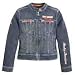 Harley Davidson Womens Sporty Jean Jacket. New for 2008. Zipper front, mandarin collar and adjustable side tabs. Two zippered chest pockets and two hand-warmer pockets. Patches on left chest and right sleeve. Embroidered graphic on chest, sleeve, and back. 98% cotton, 2% spandex. 99065-08VW